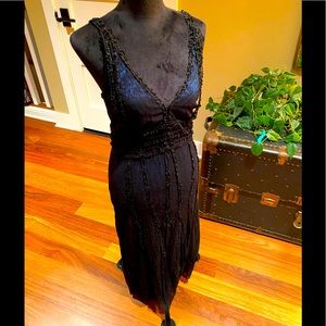 Vintage, Like-New hHliday Stunner, V-Neck Black Dress Sz M Black-Over-Turquoise